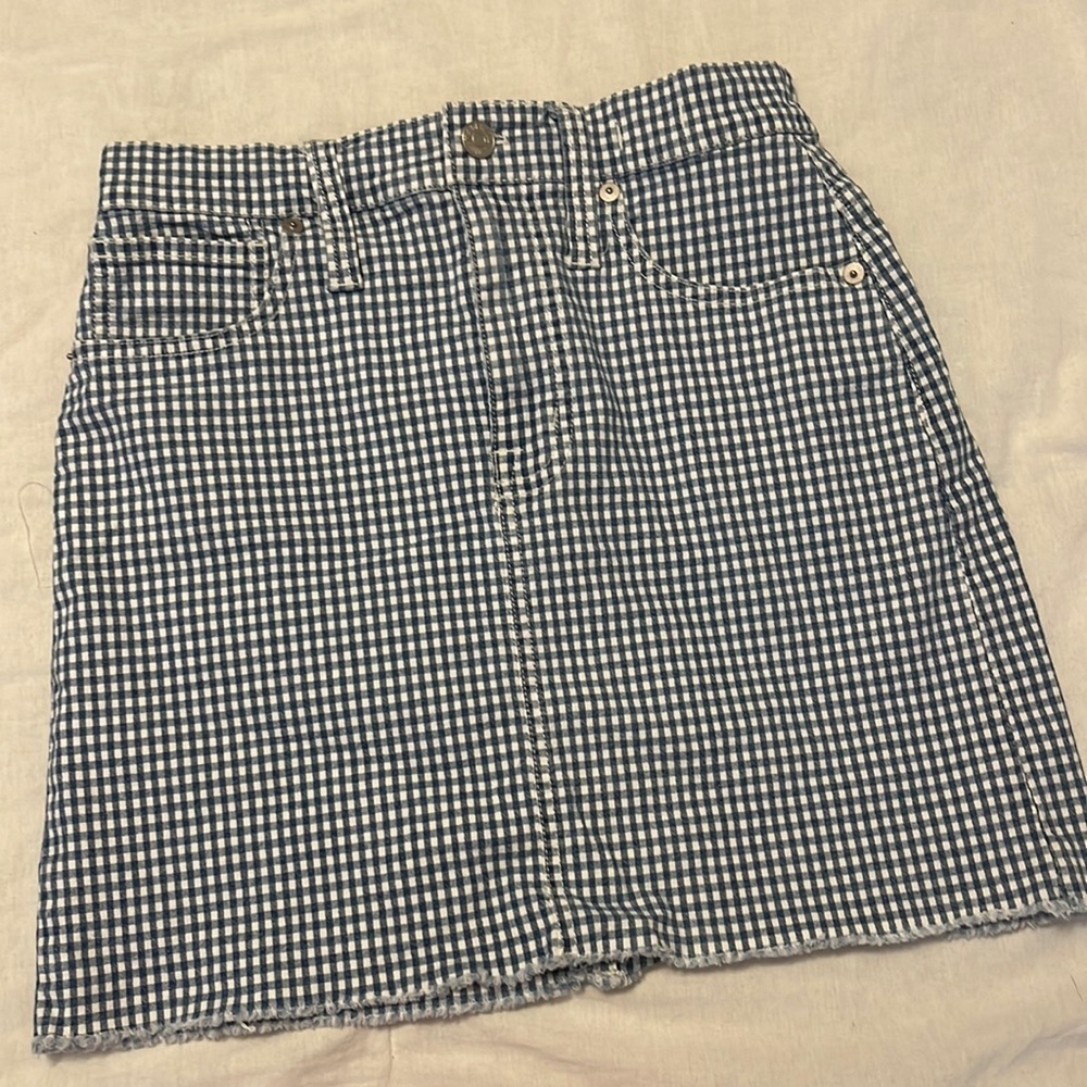 Madewell blue and white checkered mini skirt; size 24